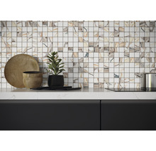 Detailaufnahme einer Küche mit Mosaikfliesen in Marmoroptik als Fliesenspiegel