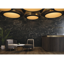 Elegantes Wartezimmer mit Marmorwand, Rezeption und Sitzgelegenheiten