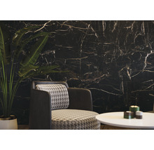 Dekorative Wand mit Marmoroptik, kombiniert mit Zimmerpflanze und Sitzgruppe