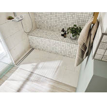 Badezimmer mit Dusche, Sitzbank, Handtuch und Zimmerpflanze