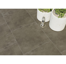 Innenraumansicht mit Bodenfliesen, zwei Blumentöpfen und einer Laterne.