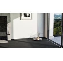 Innenraum mit dunklem Fliesenboden, Wanddekoration und Blick ins Grüne