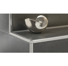 Detailansicht eines Regals mit Metalleinfassung und dekorativer Schale