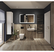 Modernes Badezimmer mit Waschtisch, Toilette, Handtuchheizkörper und Spiegel