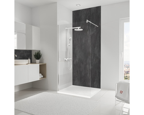 Modernes Badezimmer mit Duschkabine, Waschbecken und Badmöbeln in hellem Design