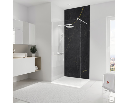Modernes Badezimmer mit Dusche, Waschtisch und weißen Möbeln