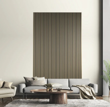 Wohnzimmer mit Akustikpaneel an der Wand hinter einer Couch