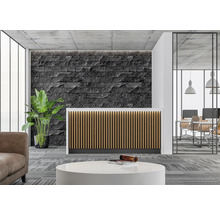 Empfangsbereich mit Rezeptionstisch, Steinwand, Pflanze und Büroraum