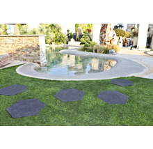 Gartenszene mit Wasserbecken und hexagonalen Trittplatten auf Rasen
