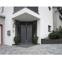 Eingangsbereich eines Hauses mit Haustür, Hausnummer, Briefkasten und Bepflanzung