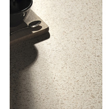 Nahaufnahme einer Arbeitsplatte mit Terrazzo-Muster, ergänzt durch eine Schüssel und einen Löffel