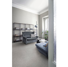 Wohnzimmer mit Regalen, Sessel, Sofa und Bodenfliesen.