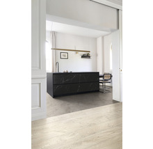 Heller Holzboden und eine Kücheninsel mit einer schwarzen Marmorarbeitsplatte in einem hellen Raum.