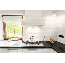 Helle Küche mit Spüle, Kochfeld, Dunstabzugshaube und Fenster