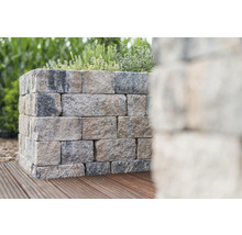 Stützmauer aus Steinblöcken mit Pflanzen darauf auf Holzterrasse