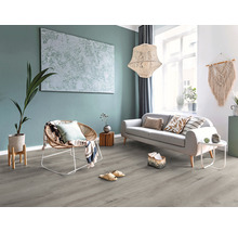 Heller Wohnraum mit Sofa, Sessel, Dekoration und grauem Bodenbelag