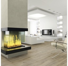 Modernes Wohnzimmer mit Kamin, Fernseher und hellem Holzboden