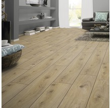 Wohnraum mit hellem Laminatboden in Holzoptik, Regalen und Sitzecke