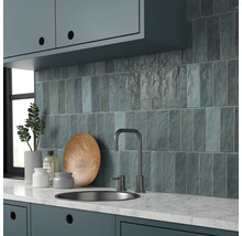 Küchenszene mit Spüle, Armatur und Wandfliesen in einem hellen, organisierten Stil.