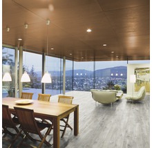 Heller Wohnraum mit Esstisch, Stühlen, Sofa und Ausblick.