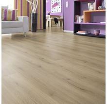 Heller Laminatboden in einem Wohnraum mit Sofa und Bücherregal.