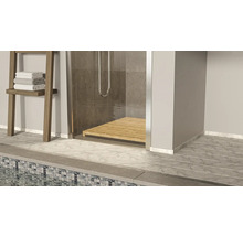 Badezimmer mit Dusche, Holzboden und Handtuchhalter