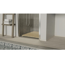 Badezimmer mit Dusche, Holzboden, Handtuchleiter und Mosaikfliesen