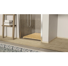 Badezimmer Szene mit Dusche, Holzrost, Handtuchhalter mit Handtüchern und Fliesenboden