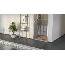 Modernes Badezimmer mit Dusche, Handtuchleiter, Pflanze und Pool