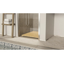 Badezimmer mit Dusche, Handtuchleiter und Mosaikfliesen