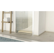 Badezimmer mit Dusche, Holzrost und Handtuchleiter