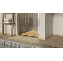 Badezimmer mit Dusche, Holzboden und Handtuchleiter