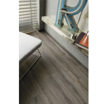 Innenraum mit Laminatboden in Holzoptik, Regal und Sitzgelegenheit