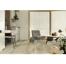 Wohnraum mit Laminatboden, Stuhl, Sessel und Jalousien