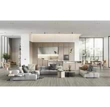 Helles Wohnzimmer mit Küche, Essbereich und grauer Bodenfläche