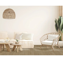 Helles Wohnzimmer mit Korbmöbeln, Holztischen und Zimmerpflanze