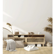 Wohnzimmer mit Rattansessel, Holzkommode, Kissen und Dekoration