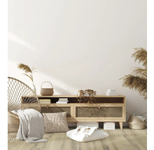 Wohnzimmer mit Rattansessel, Holzschrank und dekorativen Elementen auf Holzboden.