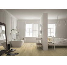 Helles Badezimmer und Schlafzimmer mit Holzboden, Badewanne, Waschbecken und Bett.