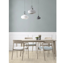 Esszimmer mit Holztisch, Stühlen und Pendelleuchten