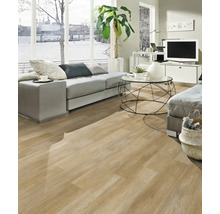 Wohnzimmer mit hellem Holzboden, Sofa und Tisch