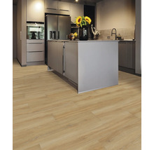 Moderne Küche mit Holzboden, Kücheninsel und Einbaugeräten.