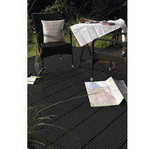 Terrassenszene mit Rattanmöbeln und einer Karte auf einem Holzboden