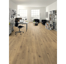 Heller, freundlicher Büroraum mit Laminatboden in Holzoptik, Schreibtisch und Regalen.