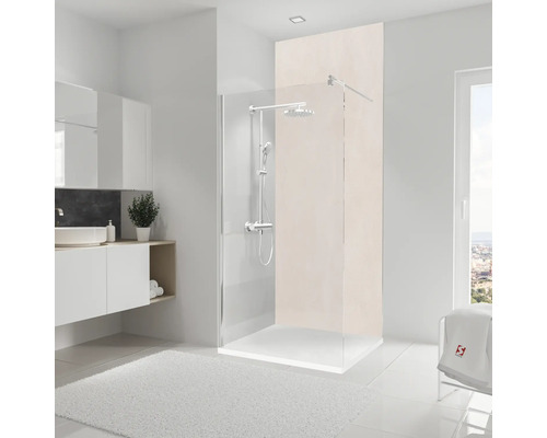 Modernes Badezimmer mit Duschkabine, Waschtisch und weichem Teppich