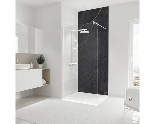 Modernes Badezimmer mit Duschwand, Armaturen und Waschbeckenunterschrank