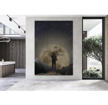 Holzpaneel mit Sternenhimmel- und Bergmotiv an einer Wand