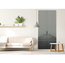 Wohnzimmer mit Sofa, Beistelltisch, Wandregal mit Pflanzen und Türposter mit Streifenmuster und Person