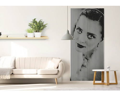 Wohnzimmer mit Sofa, Regal mit Pflanzen und Wandbild mit vertikalen Streifen, das ein Gesicht zeigt