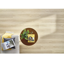 Ansicht eines Wohnzimmers mit hellem Holzboden, Couchtisch und Couch